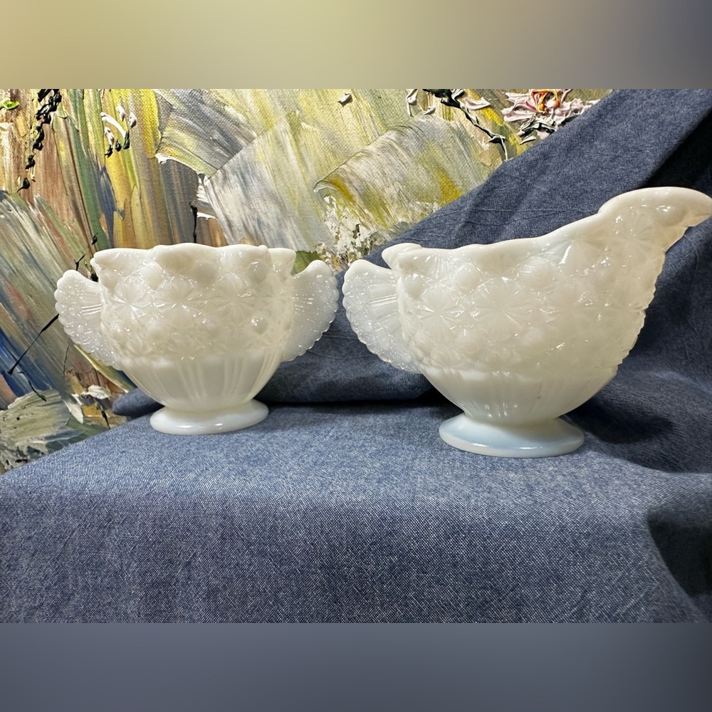 Fenton milk glass opalescent daisy and button creamer and sugar.